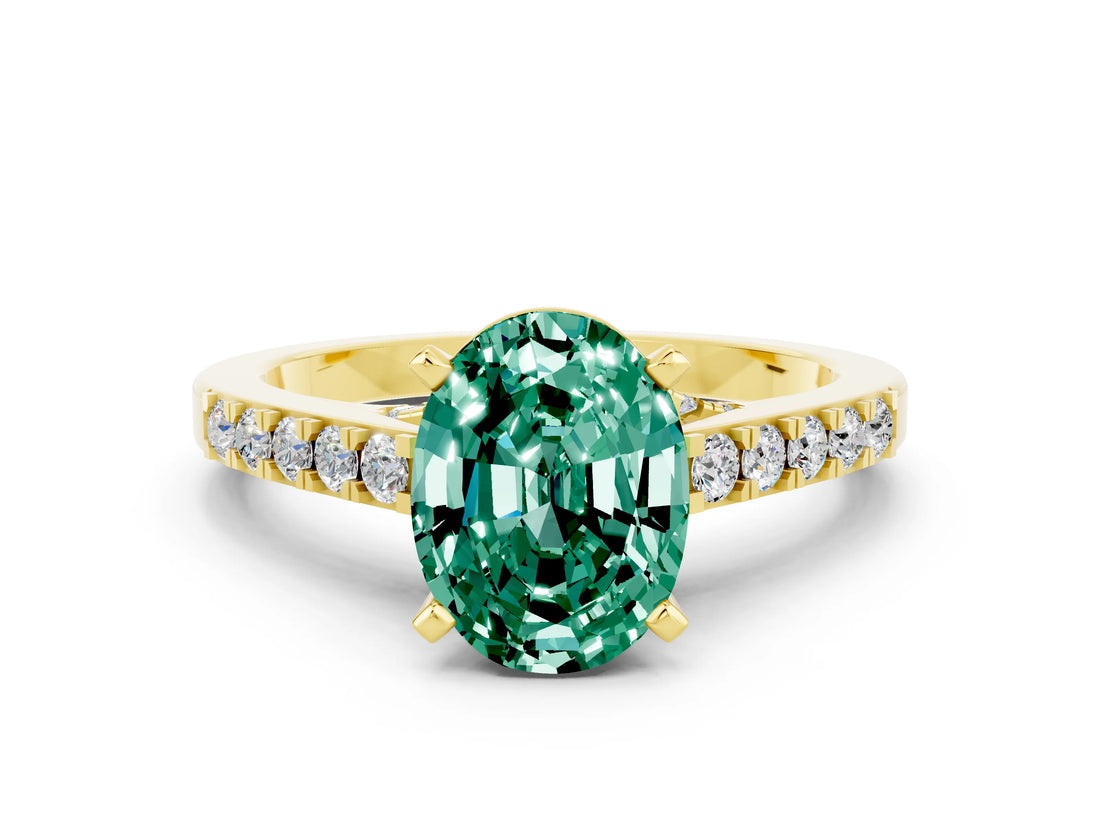 Yellow gold Oval Cut Diamond Solitaire Ring with Pavé Band and Prong Setting