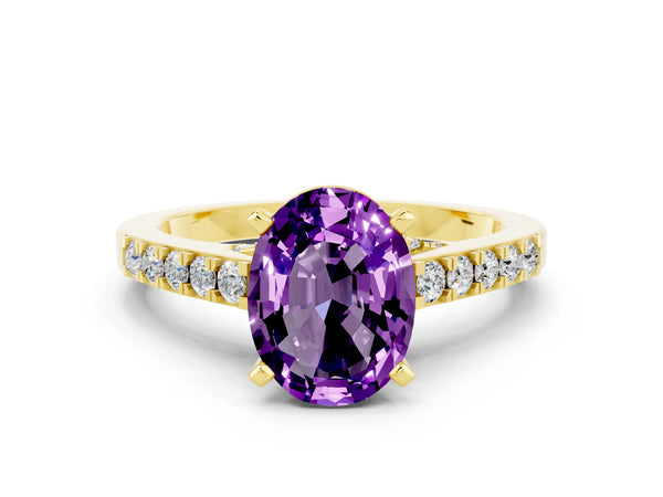 Yellow gold Oval Cut Amethyst Solitaire Ring with Crossover Gallery and Round  Pavé Band