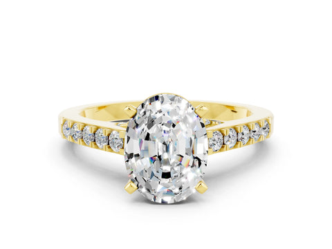 Yellow gold Oval Cut Diamond Solitaire Ring with Pavé Band and Prong Setting