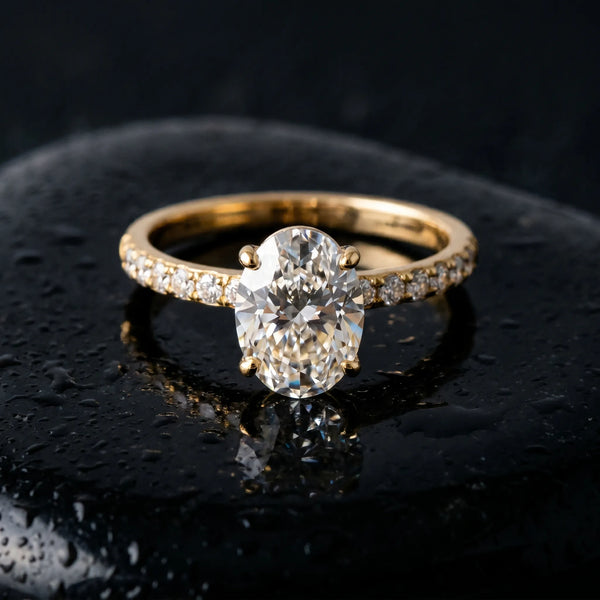Yellow Gold Oval Solitaire Engagement Ring Setting with Pave Accents and Open Basket