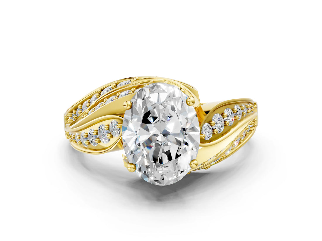 Yellow gold Oval Cut Diamond Solitaire Ring with Prong Setting and Twisted Pavé Band_3