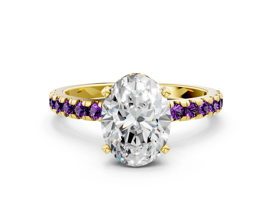 Yellow gold Oval Cut Diamond Solitaire Ring with Round with Amethyst side stone Pavé Band and Four-Prong Setting_36
