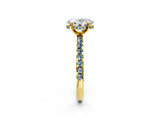 Yellow gold Oval Cut Diamond Solitaire Ring with Round with Aquamarine side stone Pavé Band and Four-Prong Setting_38