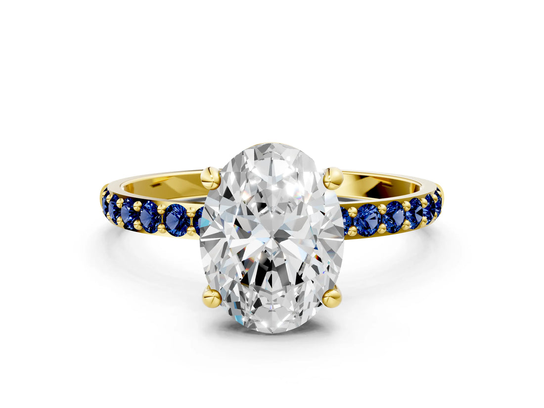 Yellow gold Oval Cut Diamond Solitaire Ring with Round with Blue Sapphire side stone Pavé Band and Prong Setting_12