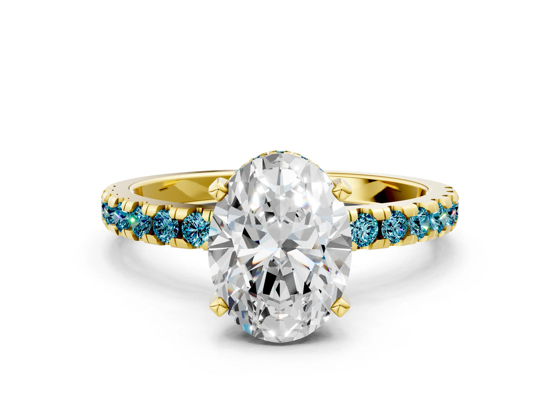 Yellow gold Oval Cut Diamond Solitaire Ring with Round with Blue Topaz side stone Pavé Band and Four-Prong Setting_36