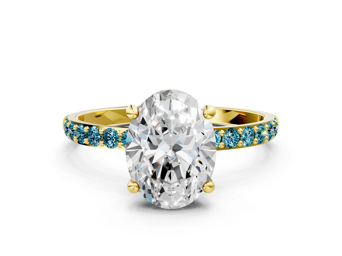 Yellow gold Oval Cut Diamond Solitaire Ring with Round with Blue Topaz side stone Pavé Band and Prong Setting_12