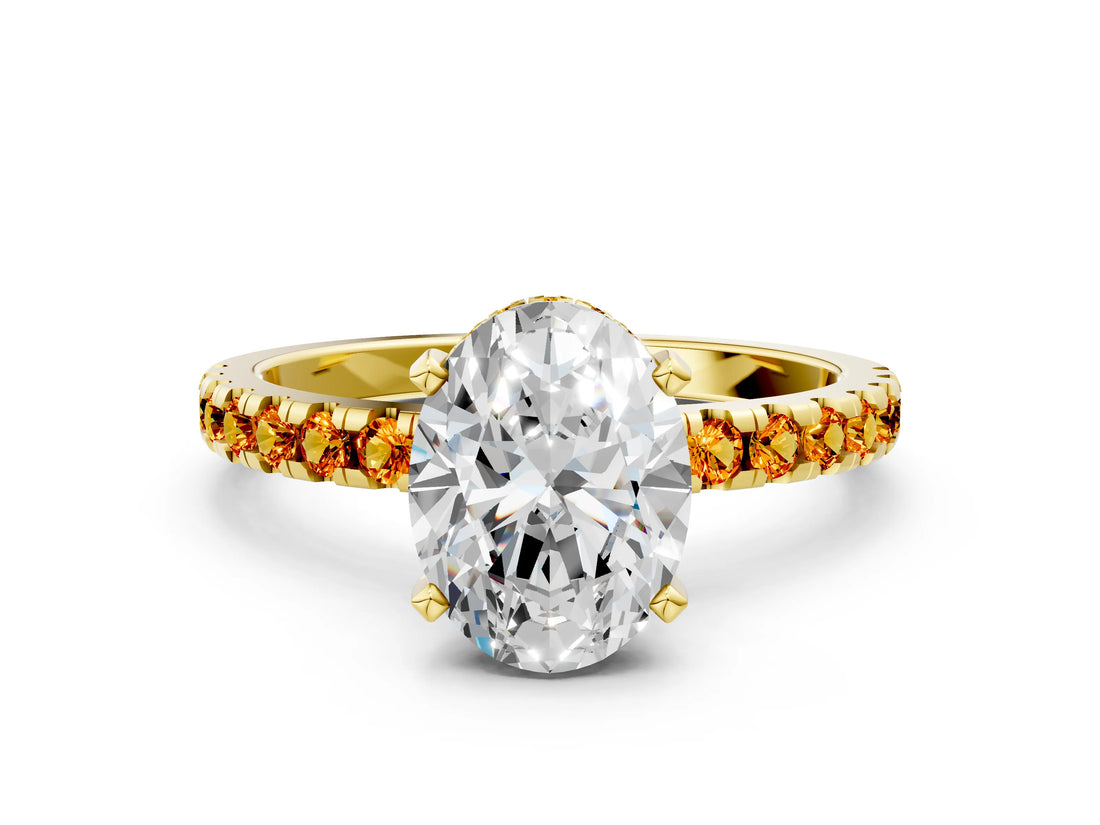 Yellow gold Oval Cut Diamond Solitaire Ring with Round with Citrine side stone Pavé Band and Four-Prong Setting_36