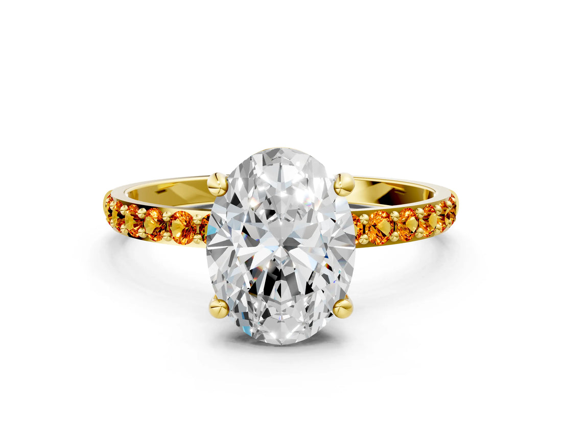 Yellow gold Oval Cut Diamond Solitaire Ring with Round with Citrine side stone Pavé Band and Prong Setting_12