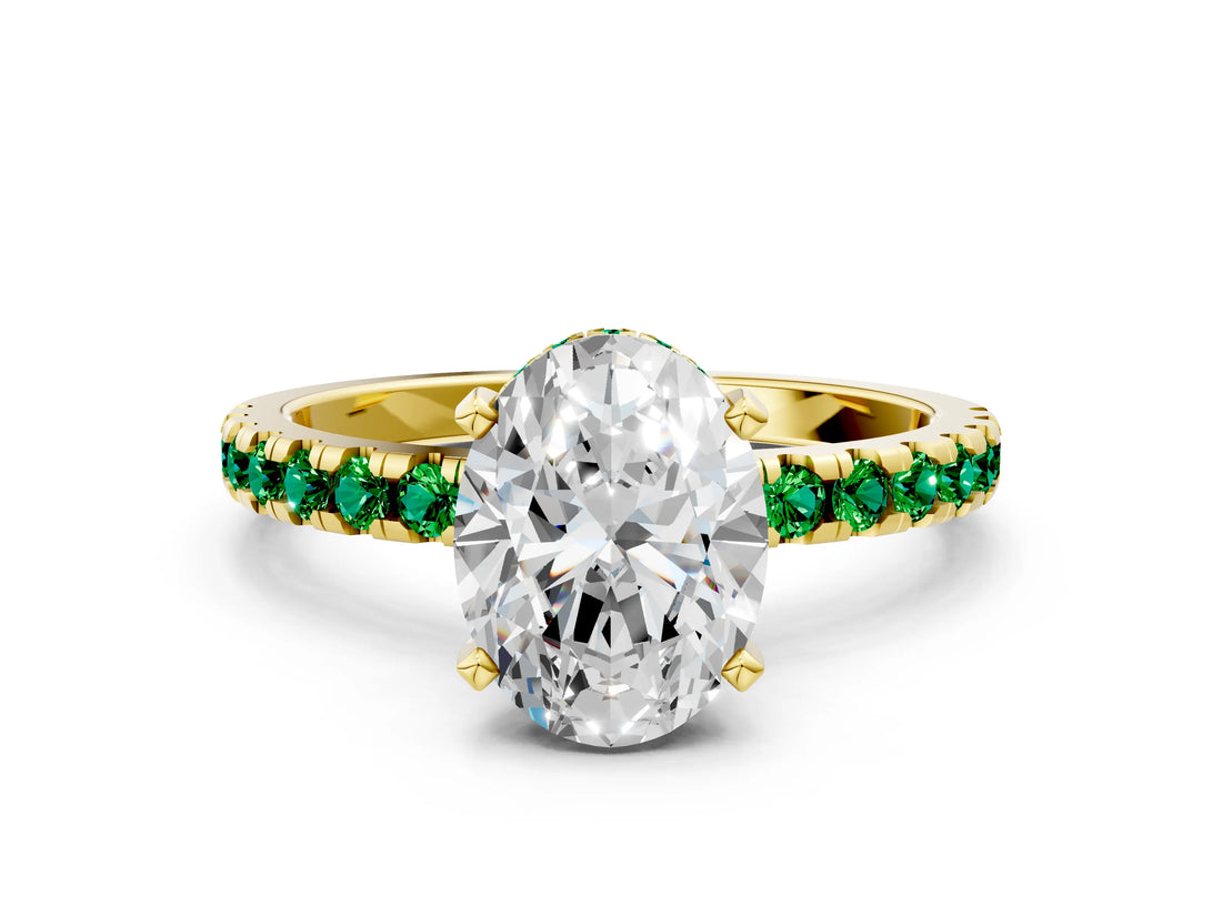 Yellow gold Oval Cut Diamond Solitaire Ring with Round with Emerald side stone Pavé Band and Four-Prong Setting_36
