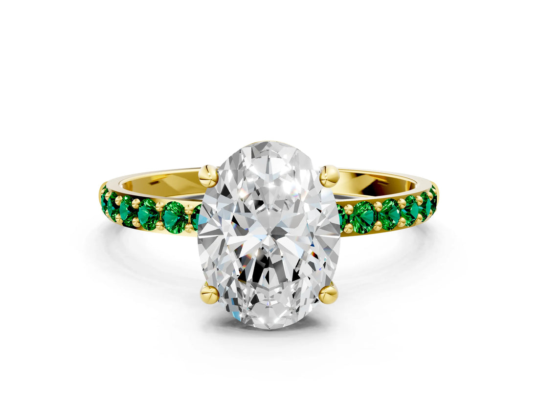 Yellow gold Oval Cut Diamond Solitaire Ring with Round with Emerald side stone Pavé Band and Prong Setting_36