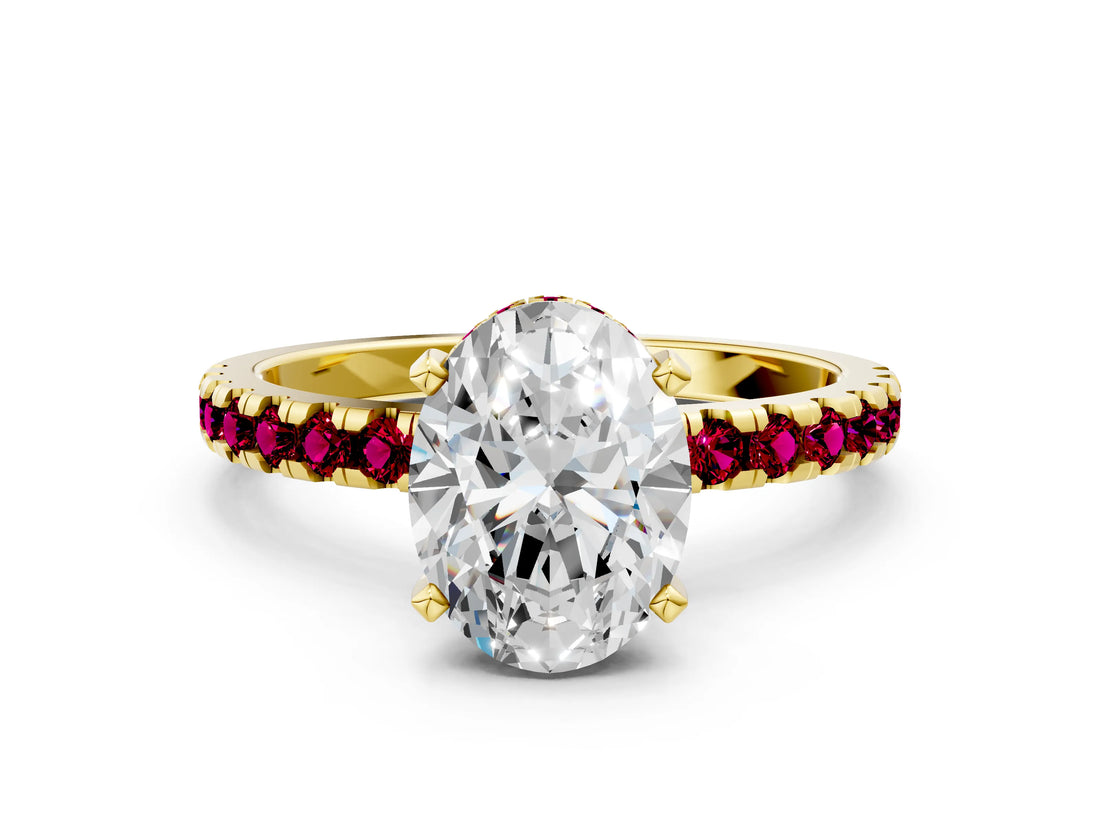 Yellow gold Oval Cut Diamond Solitaire Ring with Round with Garnet side stone Pavé Band and Four-Prong Setting_36