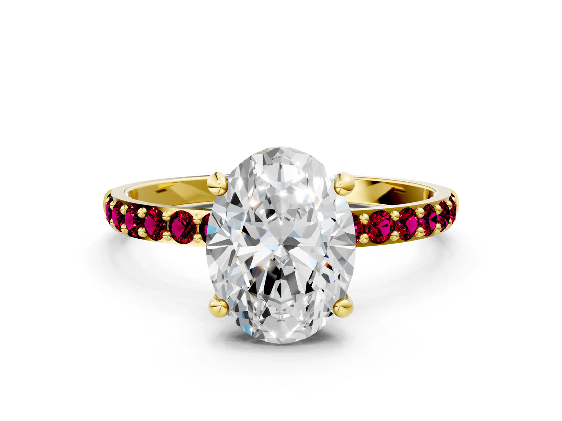 Yellow gold Oval Cut Diamond Solitaire Ring with Round with Garnet side stone Pavé Band and Prong Setting_24