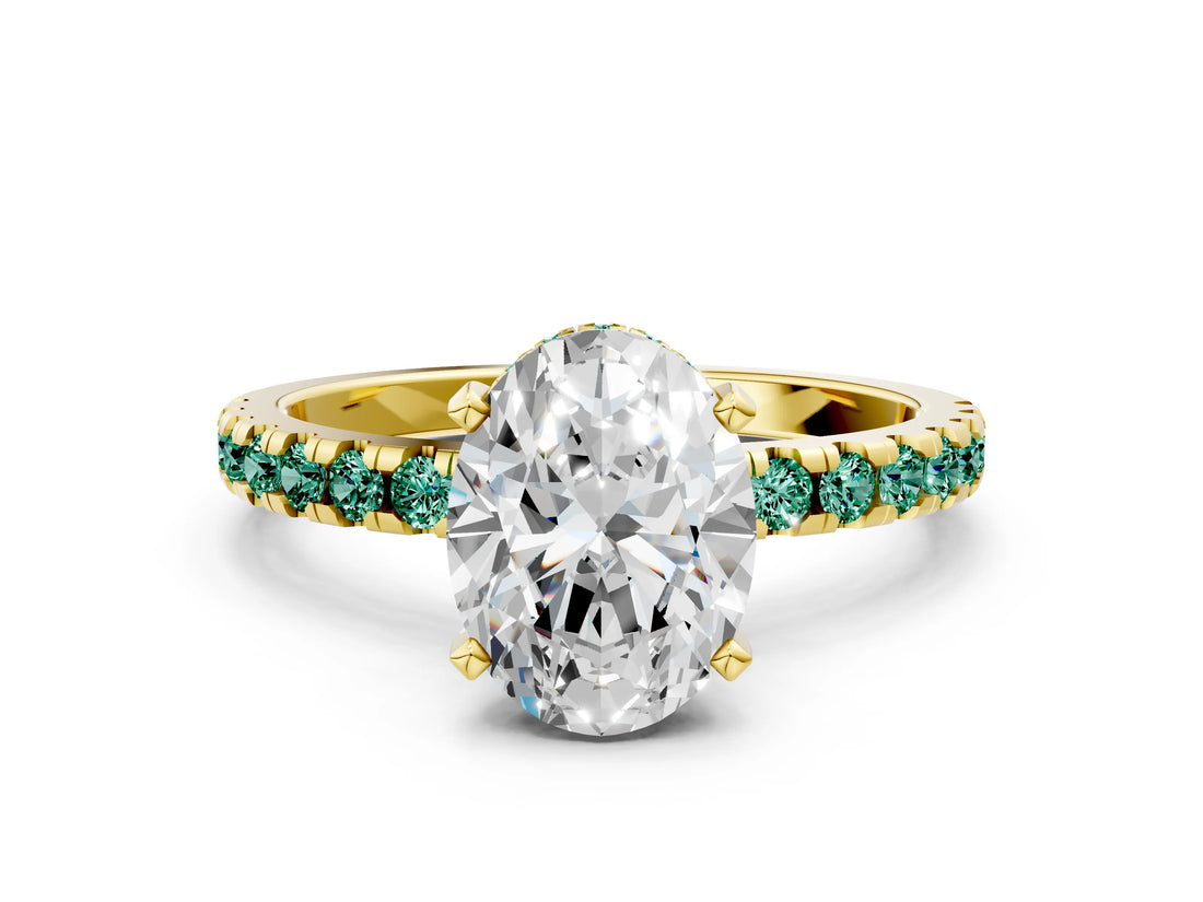 Yellow gold Oval Cut Diamond Solitaire Ring with Round with Green Sapphire side stone Pavé Band and Four-Prong Setting_36
