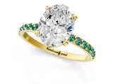 Yellow gold Oval Cut Diamond Solitaire Ring with Round with Green Sapphire side stone Pavé Band and Prong Setting_1