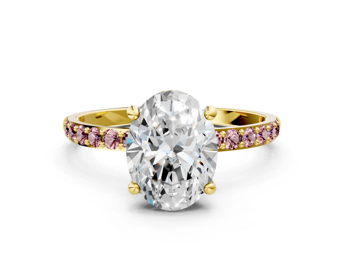 Yellow gold Oval Cut Diamond Solitaire Ring with Round with Morganite side stone Pavé Band and Prong Setting_12