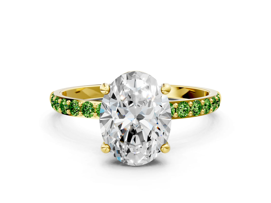 Yellow gold Oval Cut Diamond Solitaire Ring with Round with Peridot side stone Pavé Band and Prong Setting