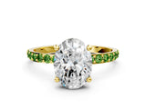 Yellow gold Oval Cut Diamond Solitaire Ring with Round with Peridot side stone Pavé Band and Prong Setting