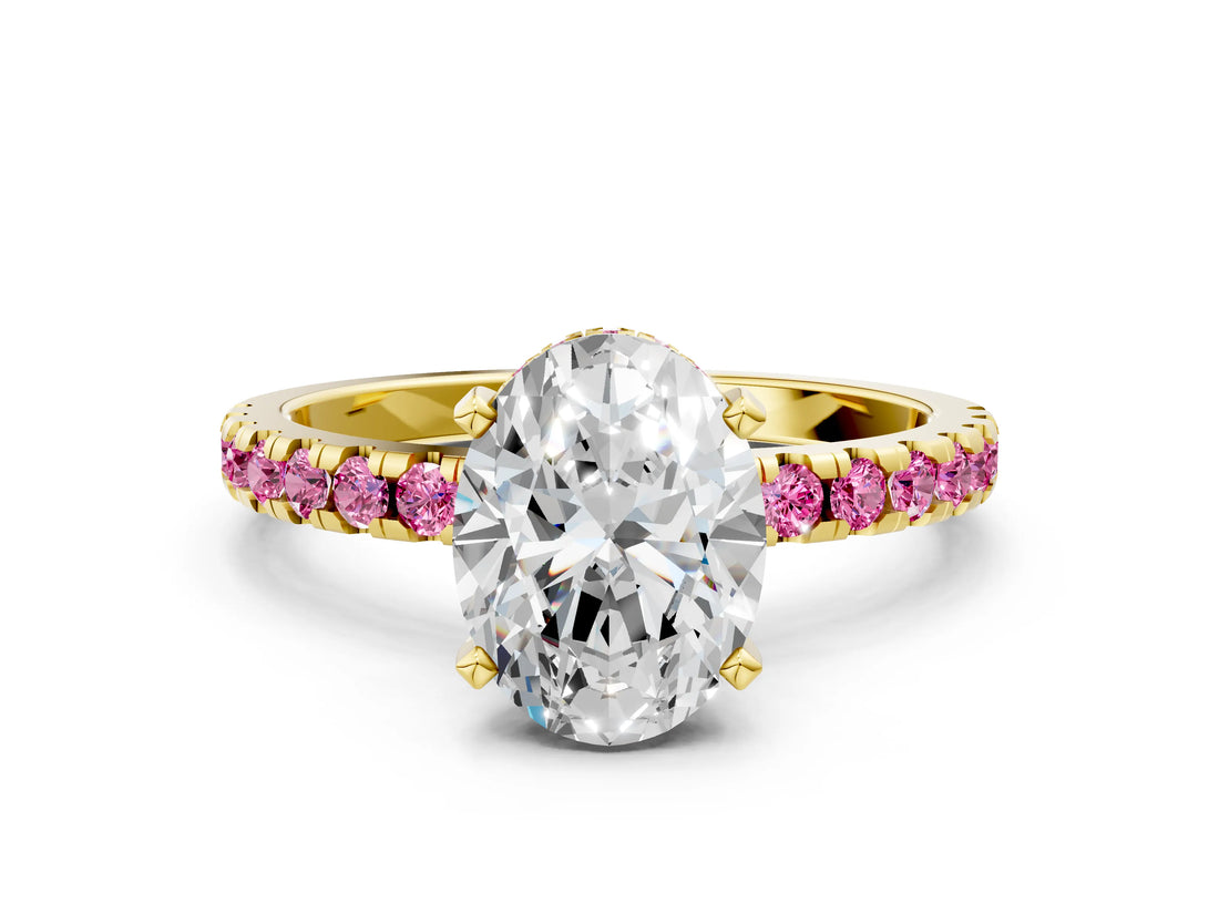 Yellow gold Oval Cut Diamond Solitaire Ring with Round with Pink Sapphire side stone Pavé Band and Four-Prong Setting_36