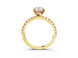 Yellow gold Oval Cut Diamond Solitaire Ring with Round with Pink Sapphire side stone Pavé Band and Four-Prong Setting_39