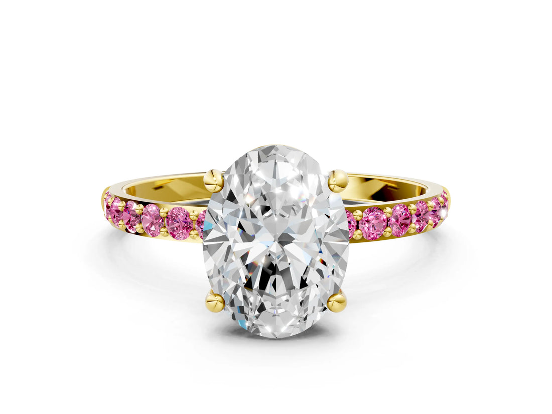 Yellow gold Oval Cut Diamond Solitaire Ring with Round with Pink Sapphire side stone Pavé Band and Prong Setting_12