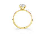 Yellow gold Oval Cut Diamond Solitaire Ring with Round with Pink Sapphire side stone Pavé Band and Prong Setting_15
