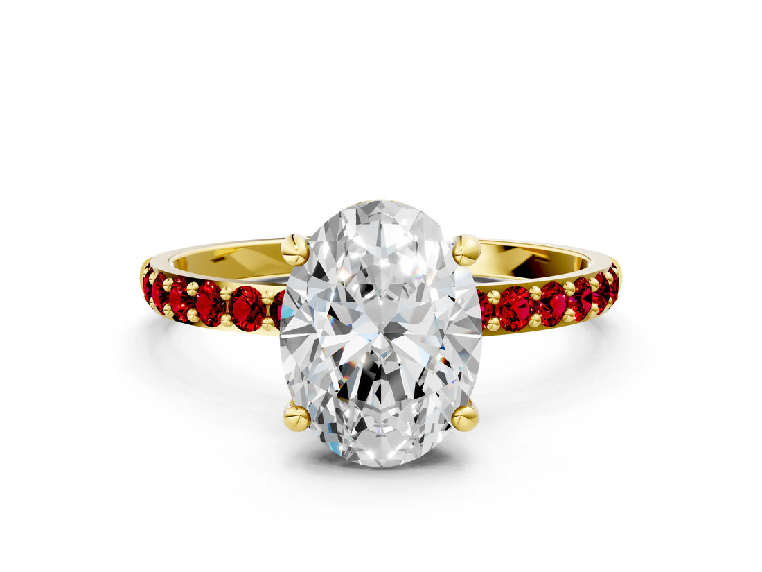 Yellow gold Oval Cut Diamond Solitaire Ring with Round with Ruby side stone Pavé Band and Prong Setting_36