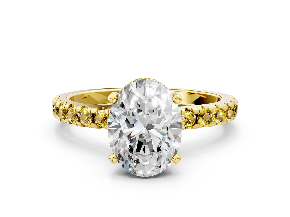 Yellow gold Oval Cut Diamond Solitaire Ring with Round with Yellow Sapphire side stone Pavé Band and Four-Prong Setting_36