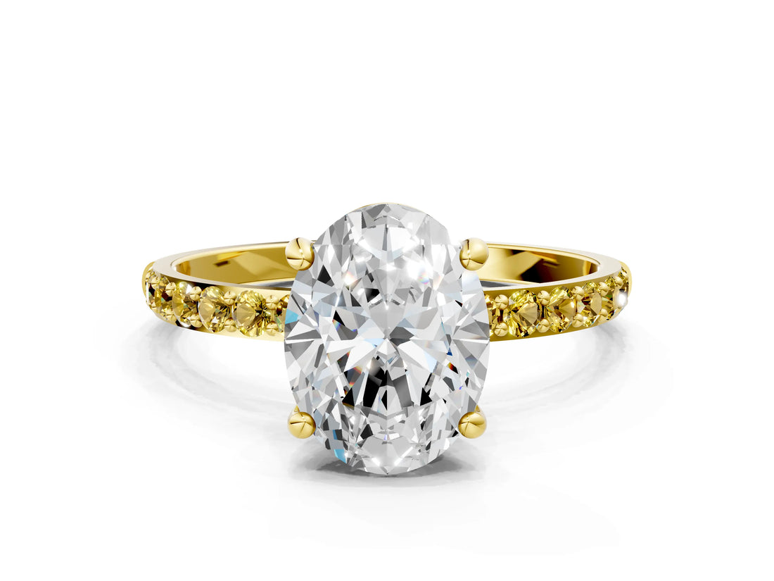 Yellow gold Oval Cut Diamond Solitaire Ring with Round with Yellow Sapphire side stone Pavé Band and Prong Setting_24