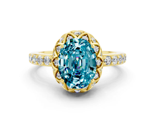 Yellow gold Oval Cut Diamond Solitaire Ring with Shared Prong Pavé Band