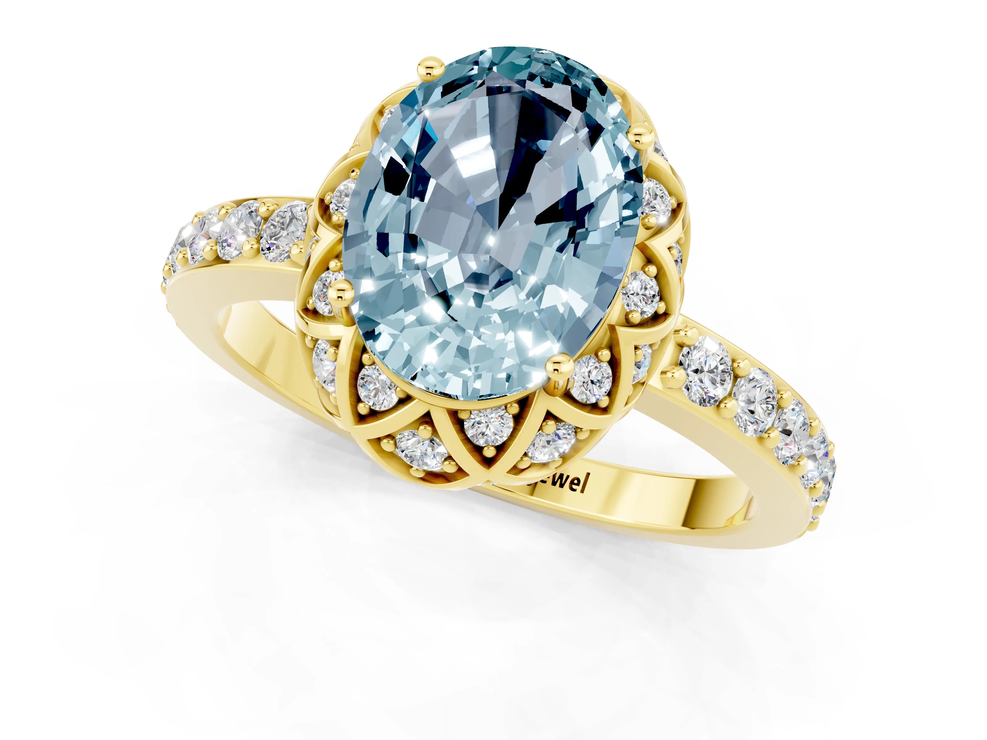 Yellow gold Oval Cut Diamond Solitaire Ring with Shared Prong Pavé Band_1