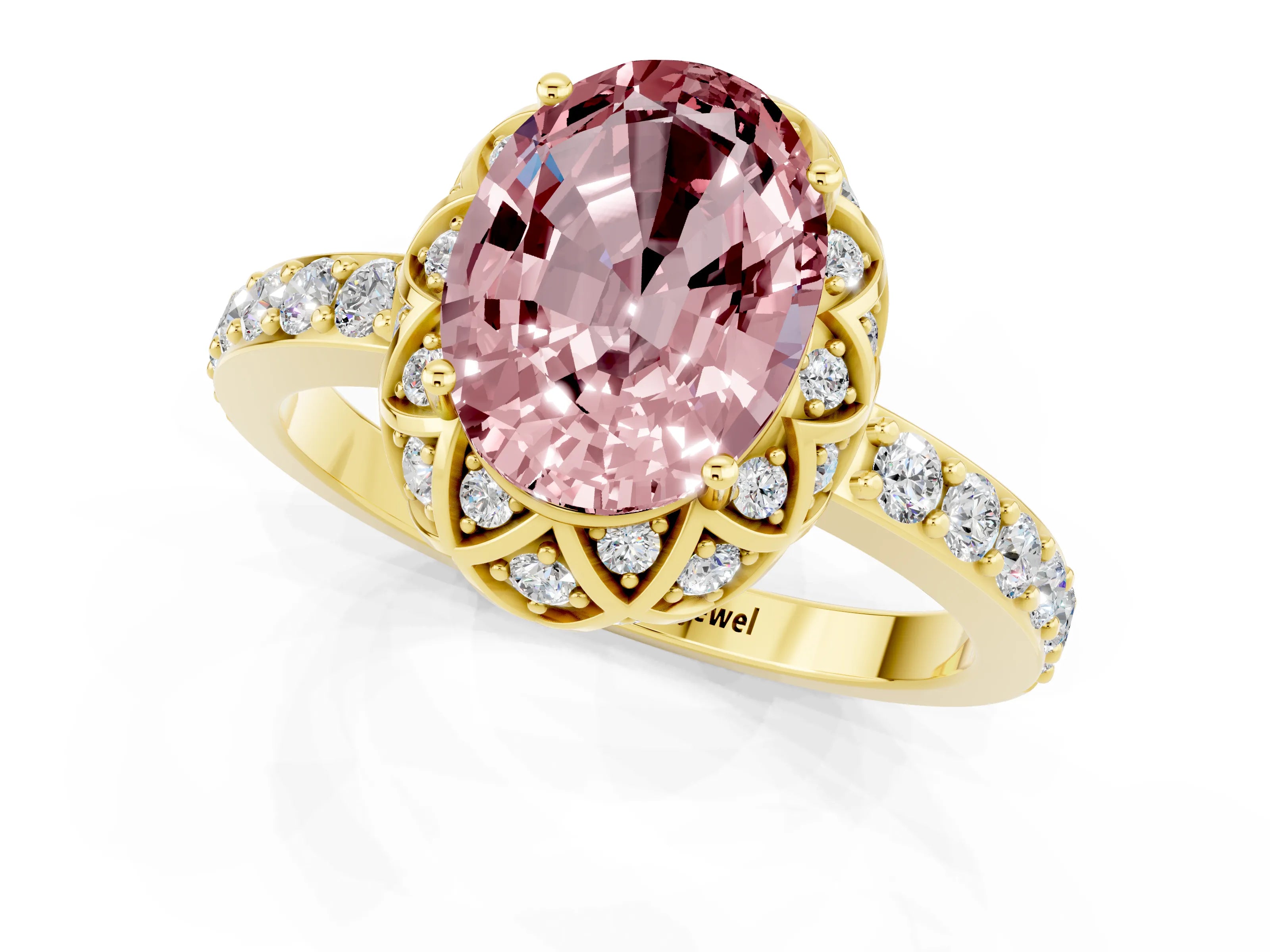 Yellow gold Oval Cut Diamond Solitaire Ring with Shared Prong Pavé Band_1