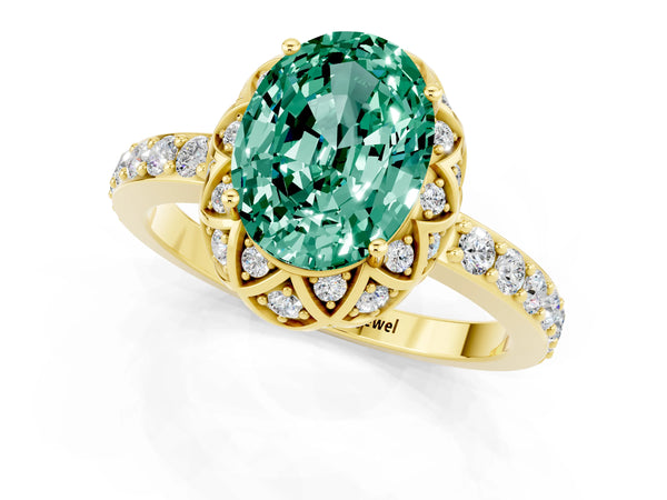 Yellow gold Oval Cut Green Sapphire Scalloped Halo Engagement Ring with Round Shared Prong Band