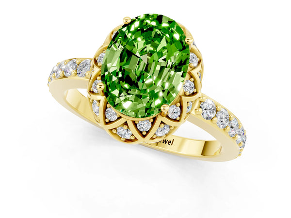 Yellow gold Oval Cut Diamond Solitaire Ring with Shared Prong Pavé Band
