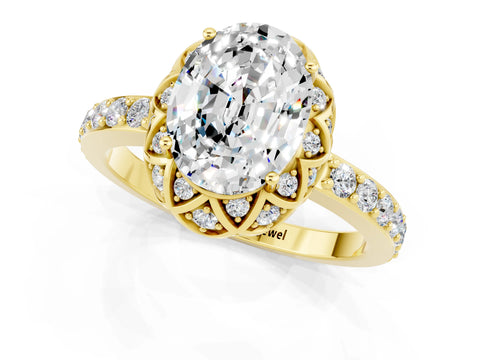 Yellow gold Oval Cut Diamond Solitaire Ring with Shared Prong Pavé Band_1