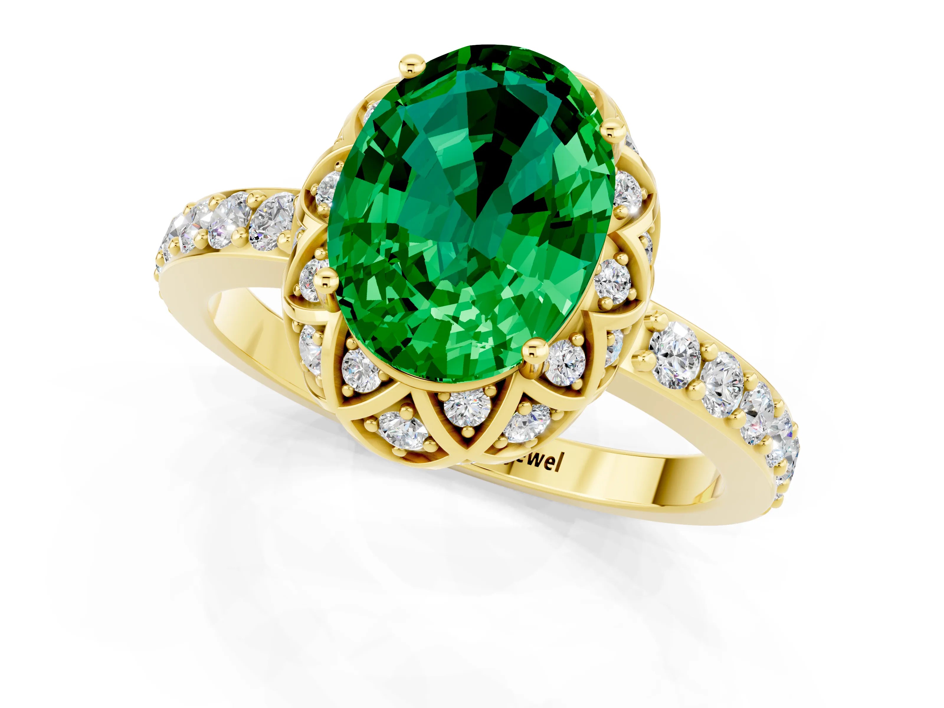 Yellow gold Oval Cut Diamond Solitaire Ring with Shared Prong Pavé Band_1