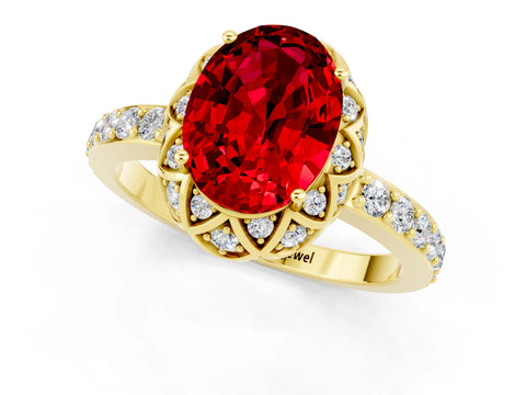 Yellow gold Oval Cut Diamond Solitaire Ring with Shared Prong Pavé Band_1