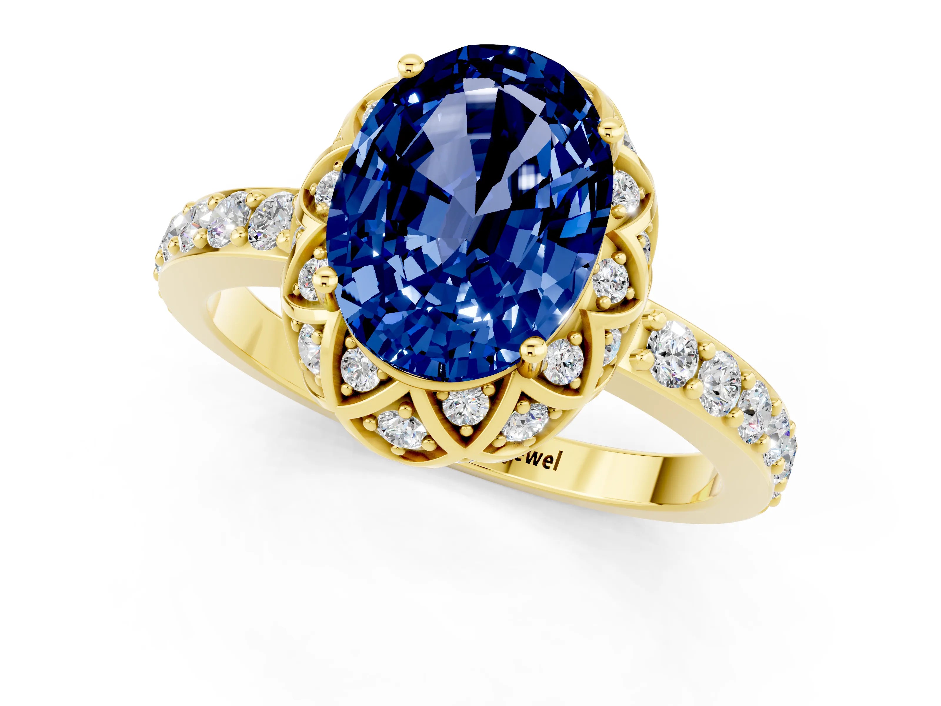 Yellow gold Oval Cut Diamond Solitaire Ring with Shared Prong Pavé Band_1