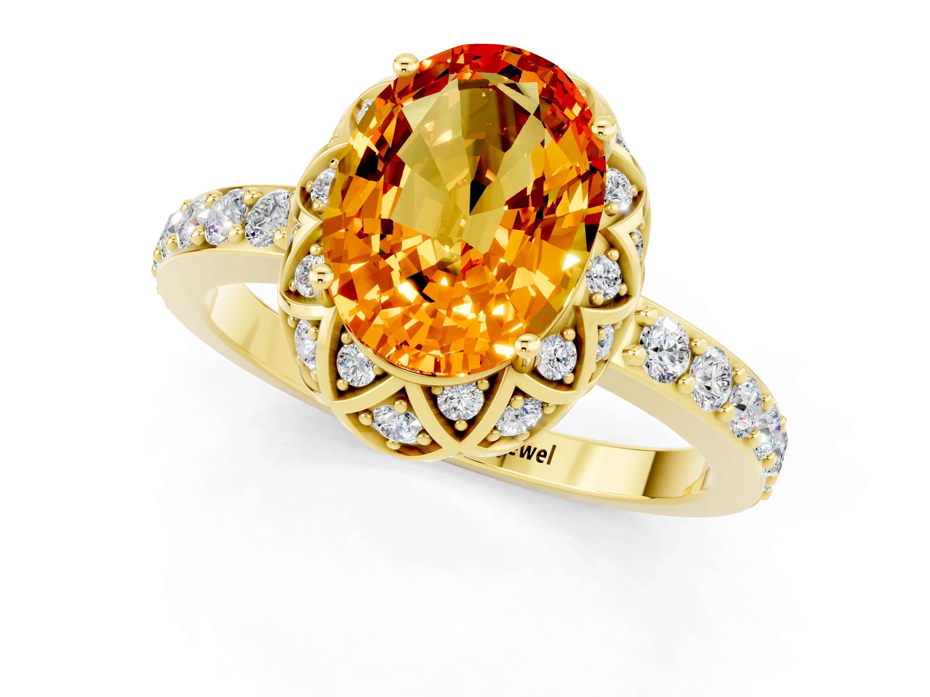 Yellow gold Oval Cut Diamond Solitaire Ring with Shared Prong Pavé Band_1