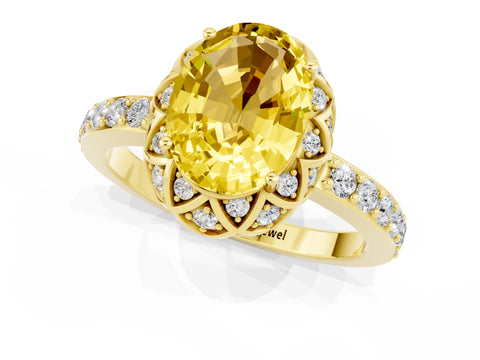 Yellow gold Oval Cut Diamond Solitaire Ring with Shared Prong Pavé Band_1