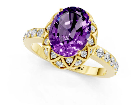 Yellow gold Oval Cut Diamond Solitaire Ring with Shared Prong Pavé Band_1
