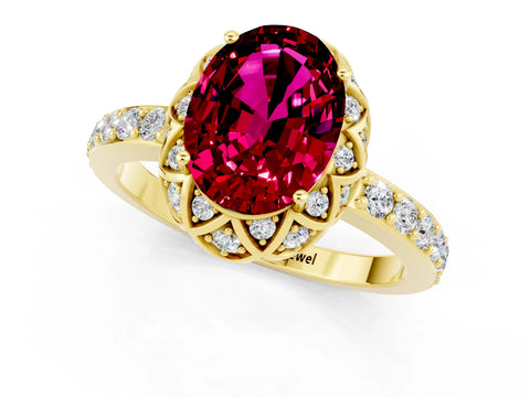 Yellow gold Oval Cut Diamond Solitaire Ring with Shared Prong Pavé Band_1