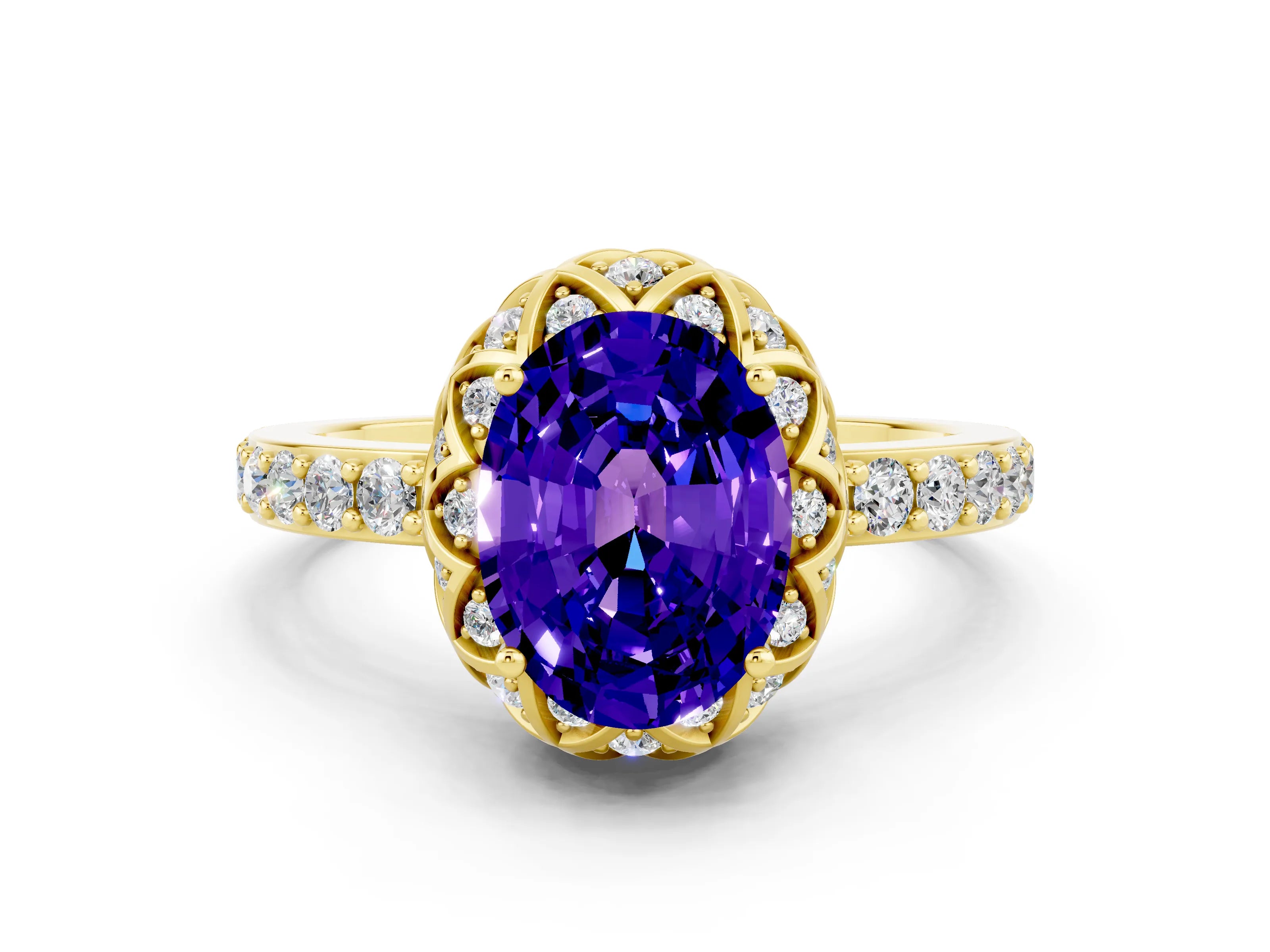 Yellow gold Oval Cut Diamond Solitaire Ring with Shared Prong Pavé Band
