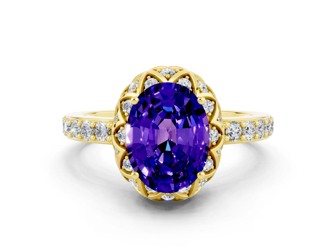 Yellow gold Oval Cut Diamond Solitaire Ring with Shared Prong Pavé Band