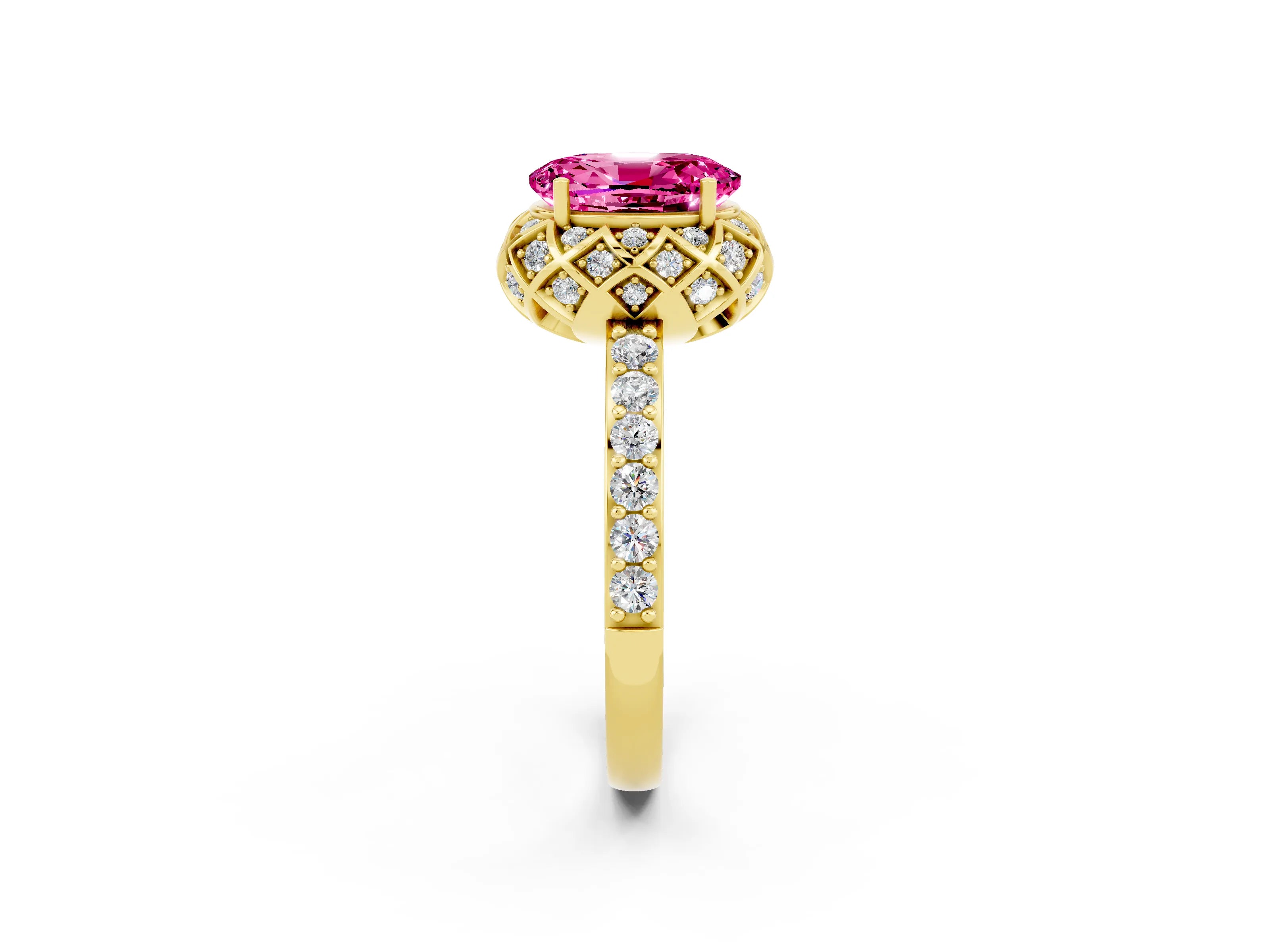 Yellow gold Oval Cut Diamond Solitaire Ring with Shared Prong Pavé Band_2
