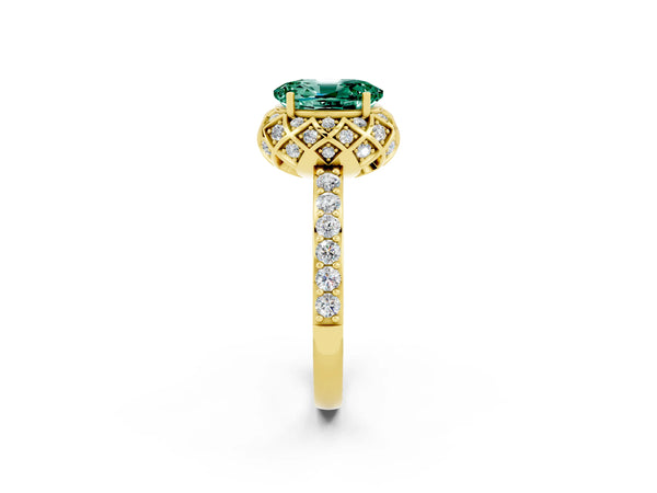 Yellow gold Oval Cut Green Sapphire Scalloped Halo Engagement Ring with Round Shared Prong Band