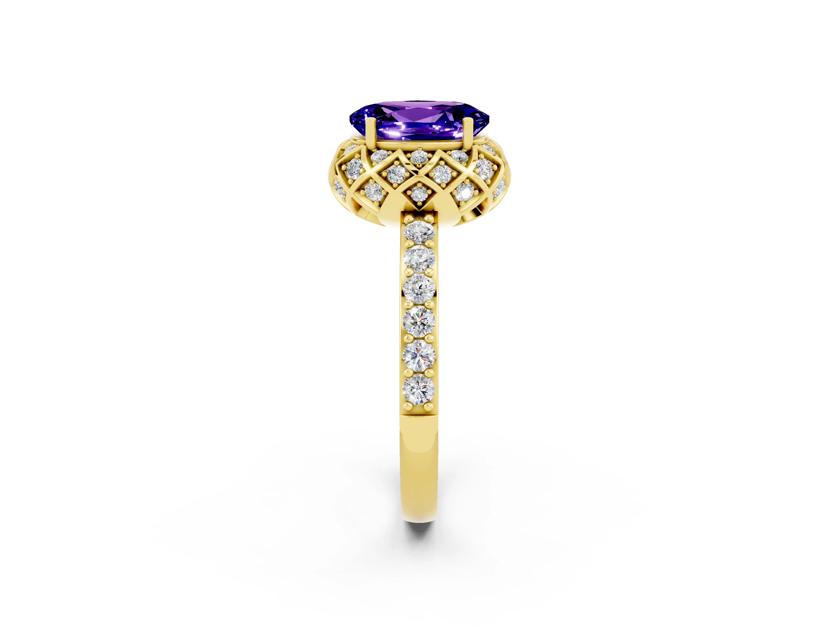 Yellow gold Oval Cut Diamond Solitaire Ring with Shared Prong Pavé Band_2