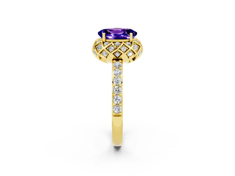 Yellow gold Oval Cut Diamond Solitaire Ring with Shared Prong Pavé Band_2