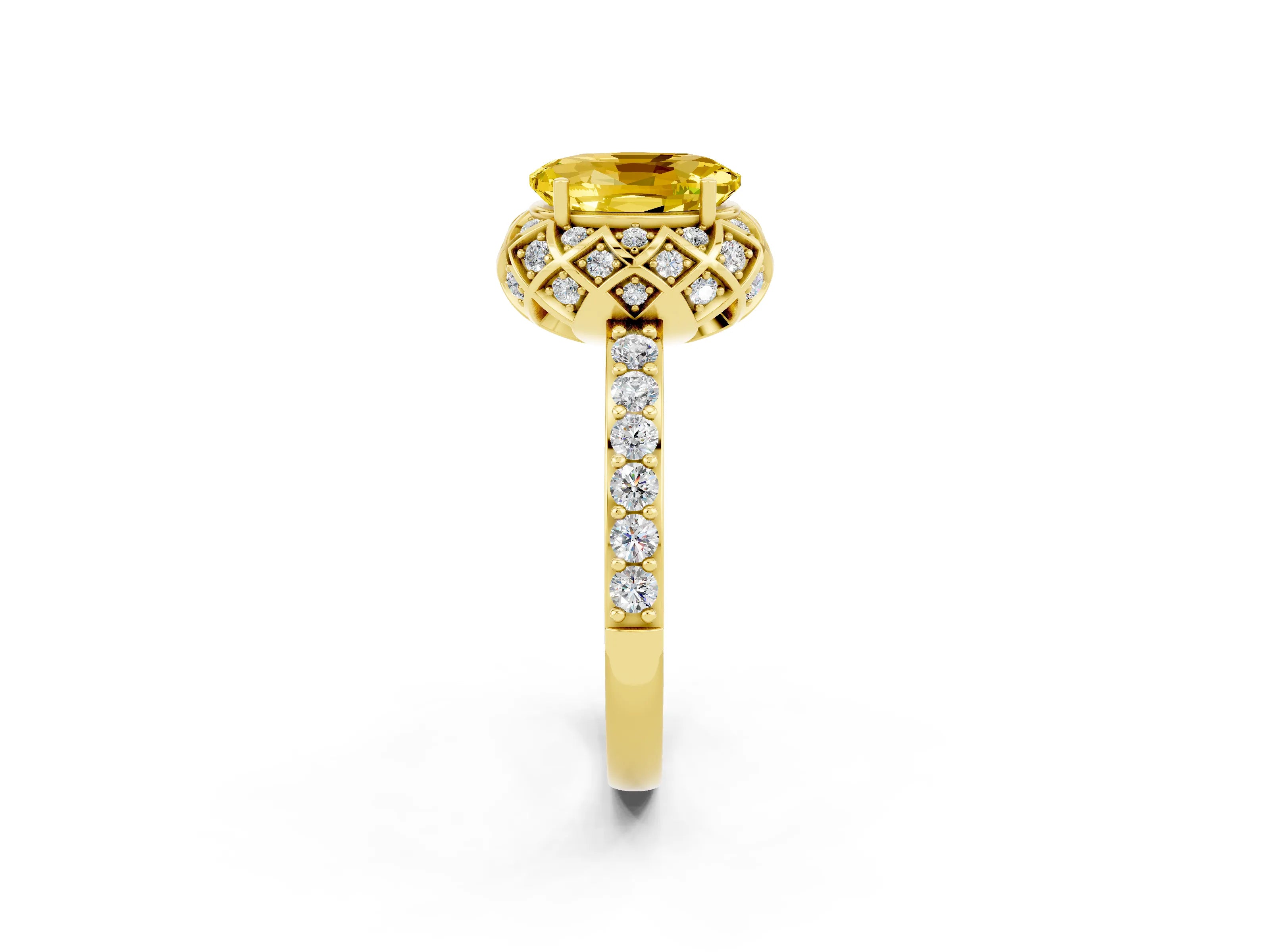 Yellow gold Oval Cut Diamond Solitaire Ring with Shared Prong Pavé Band_2