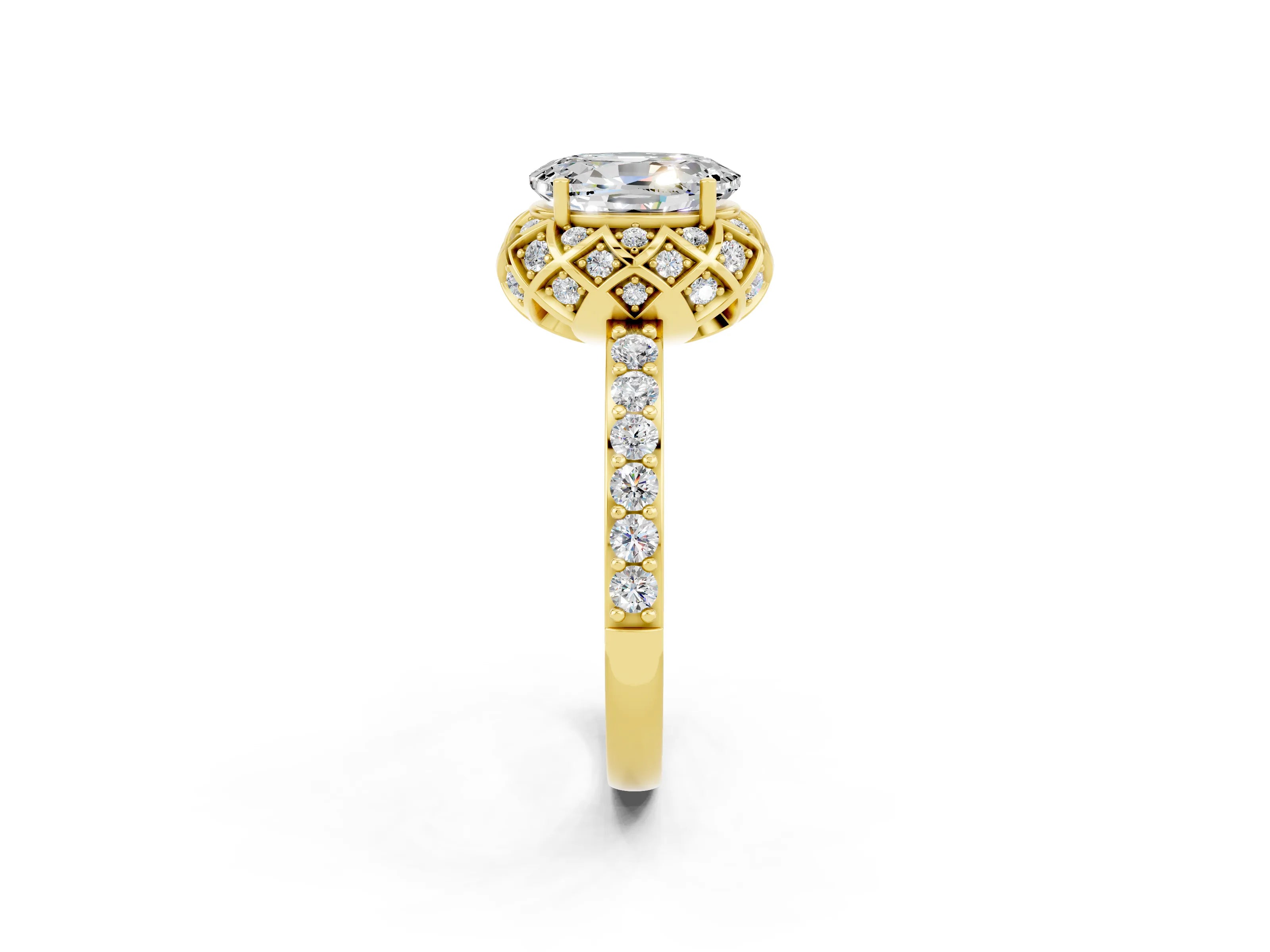 Yellow gold Oval Cut Diamond Solitaire Ring with Shared Prong Pavé Band_2
