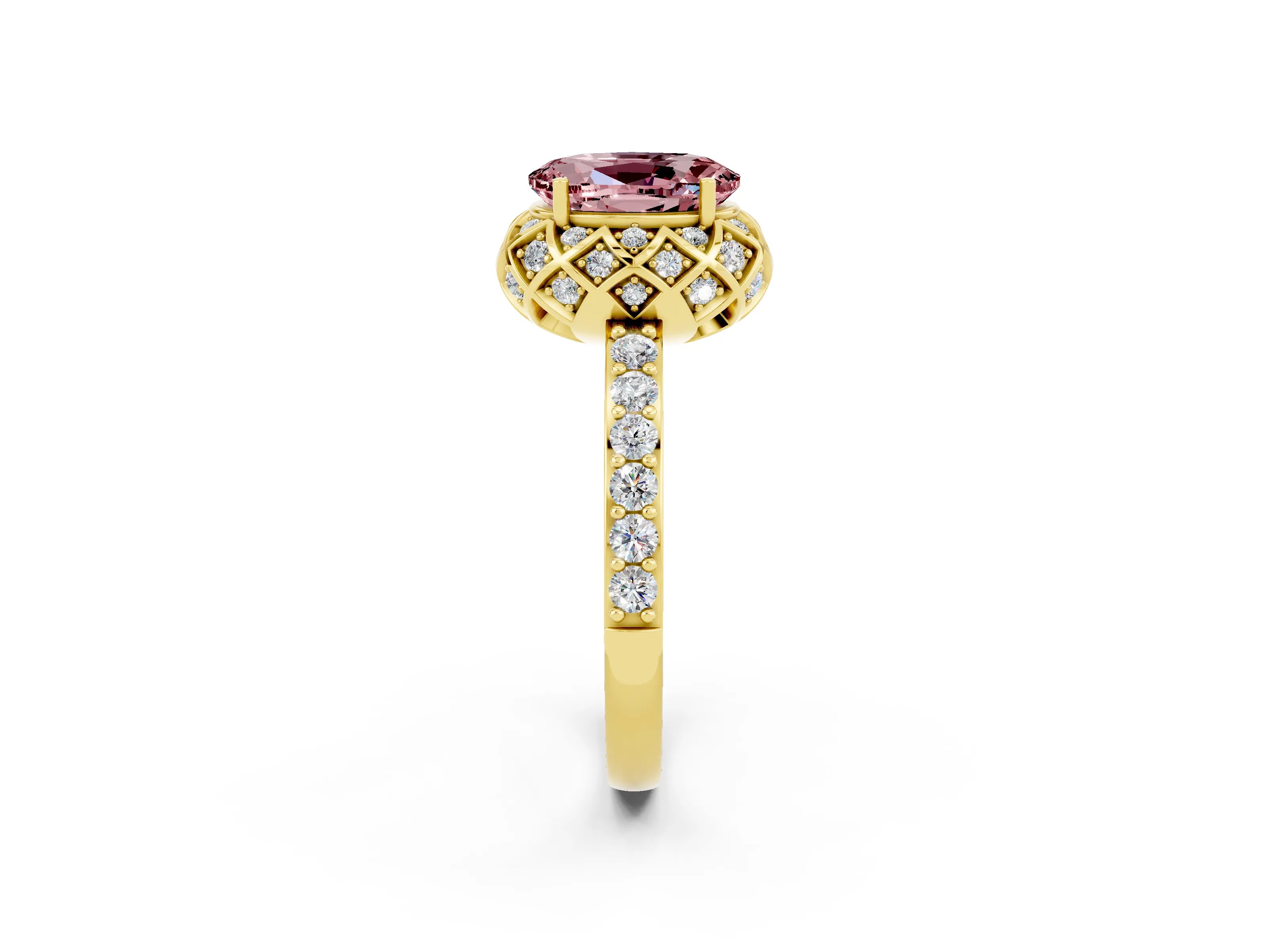 Yellow gold Oval Cut Diamond Solitaire Ring with Shared Prong Pavé Band_2